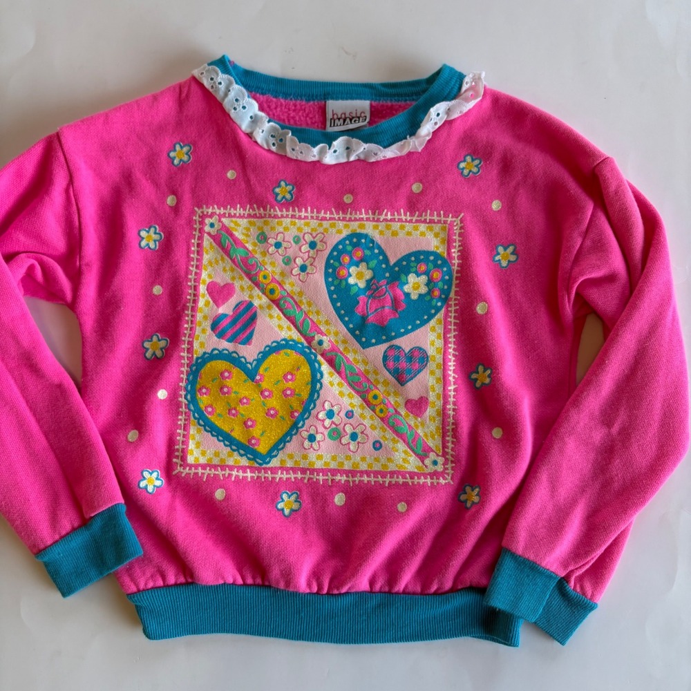 Vintage Basic Image Girls Pink Heart Glitter Sweatshirt Lace Trim Size 6 90s